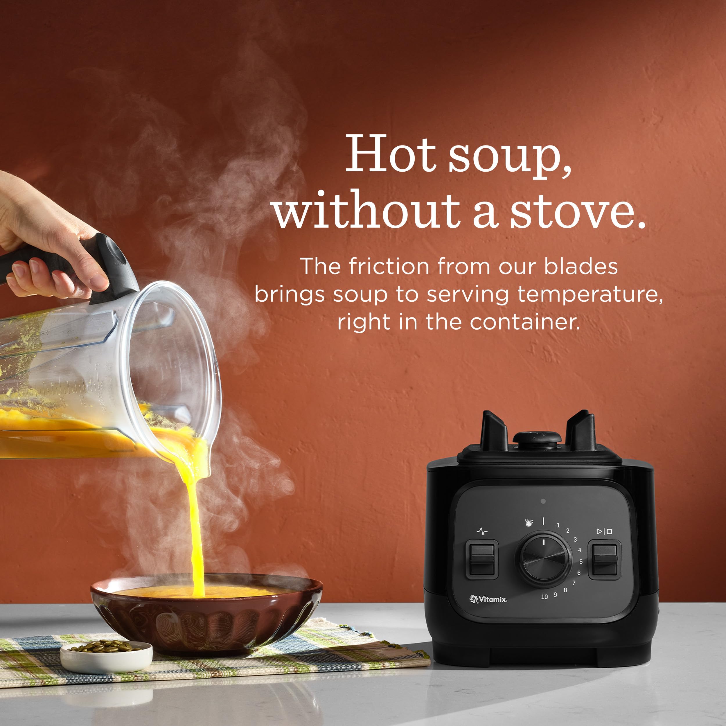 Vitamix VX1 pouring a fresh smoothie to show smooth texture and fast processing