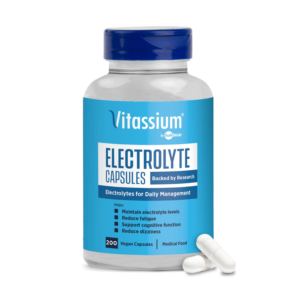 Vitassium bottle front view showing compact flip-top and 200-count convenience