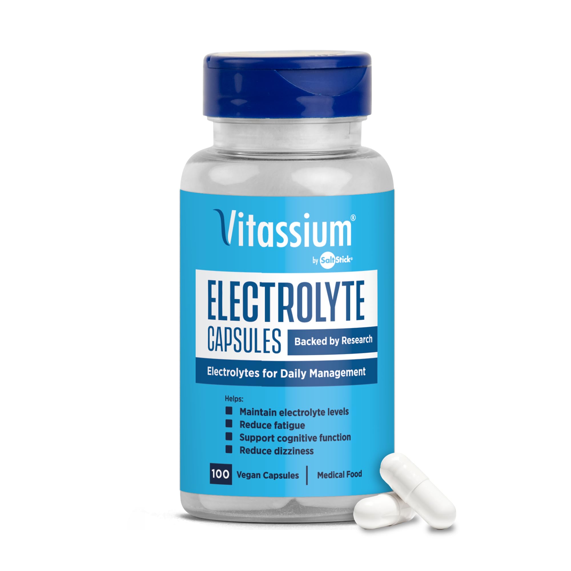 Vitassium front bottle showing label and 100ct count for easy identification and storage
