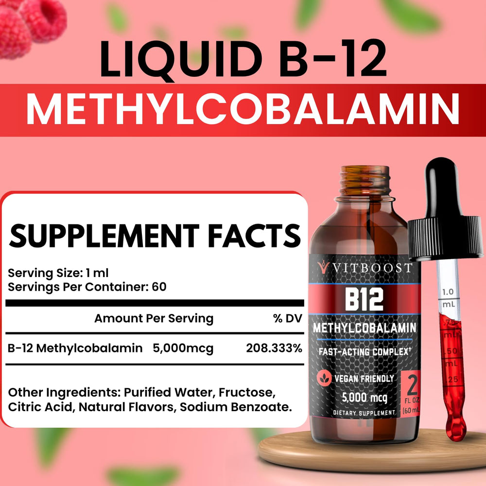 VITBOOST dropper dispensing a raspberry B12 drop for quick absorption benefit
