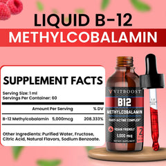 VITBOOST dropper dispensing a raspberry B12 drop for quick absorption benefit