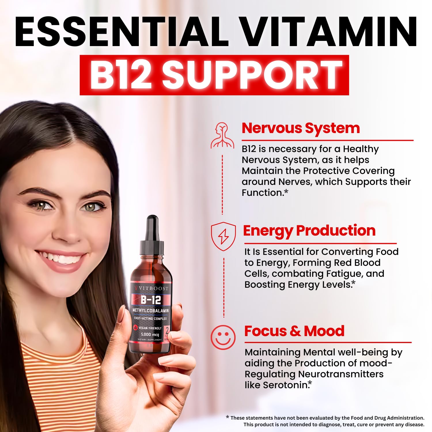 Drops of VITBOOST liquid on hand showing texture and easy dosing benefit