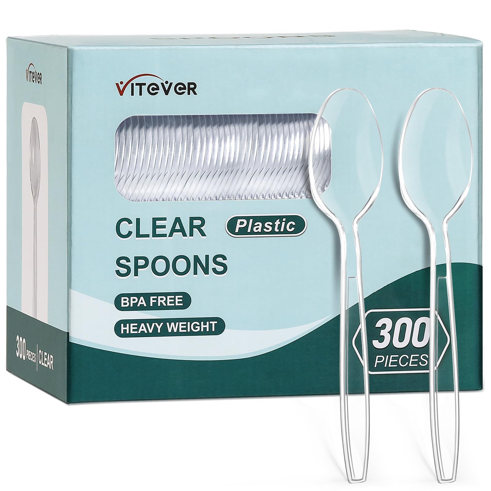 VITEVER front packaging showing 300-count clear spoons for bulk events