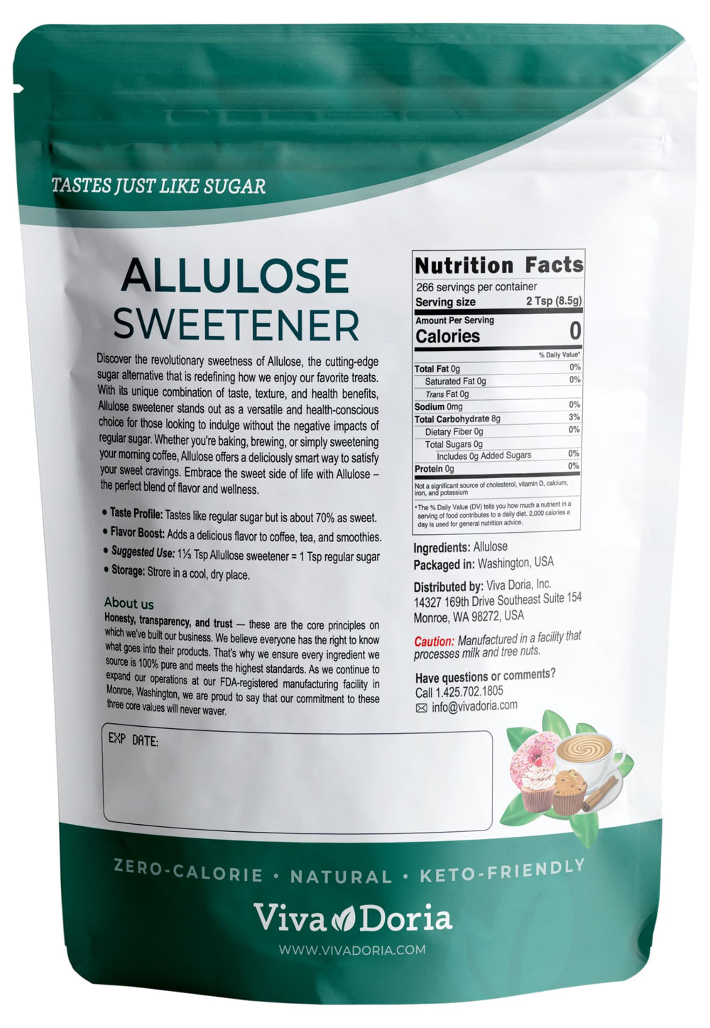 Viva Doria scoop of allulose crystals close-up demonstrating fine texture and fast dissolving