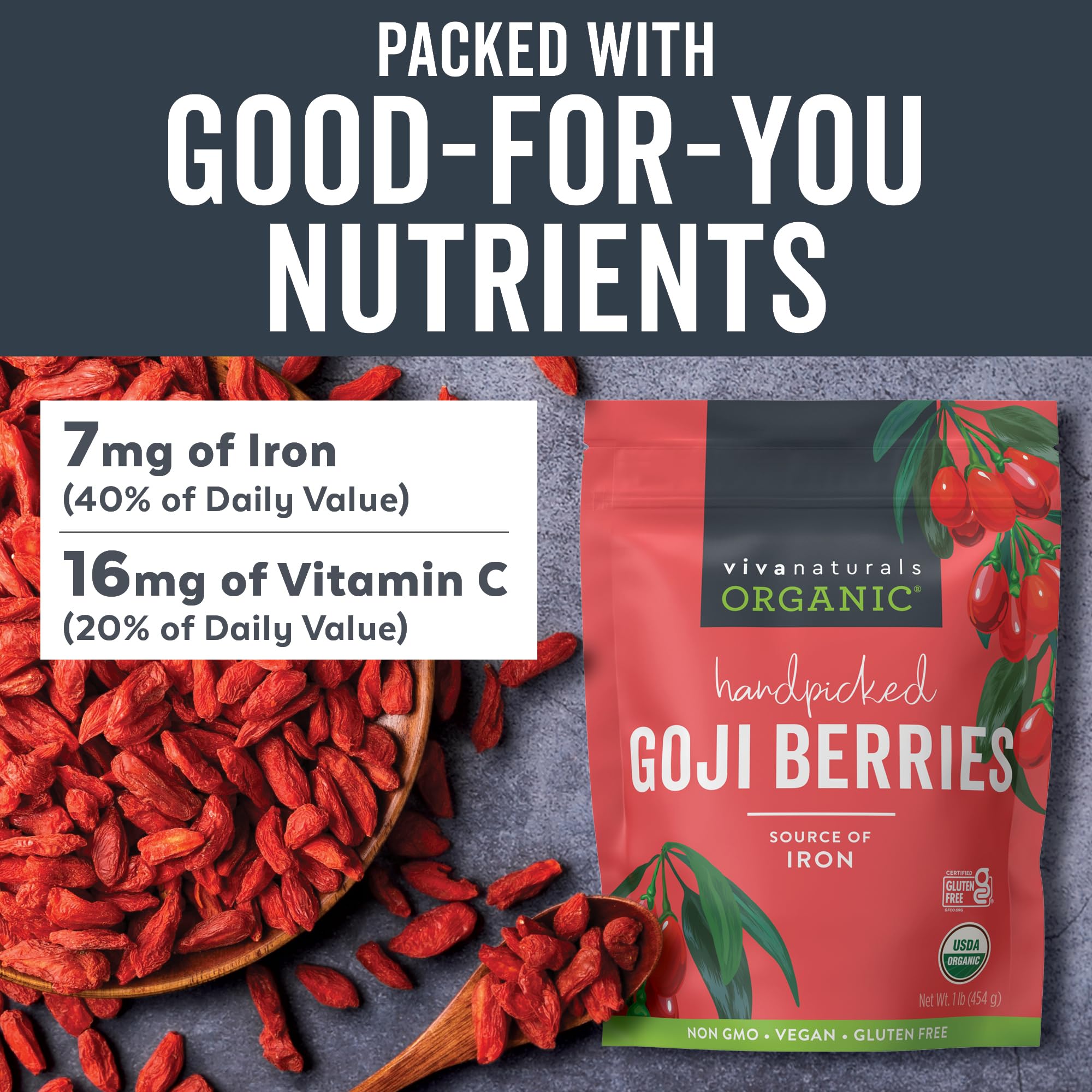 Viva Naturals goji berries on measuring scale showing one-pound quantity