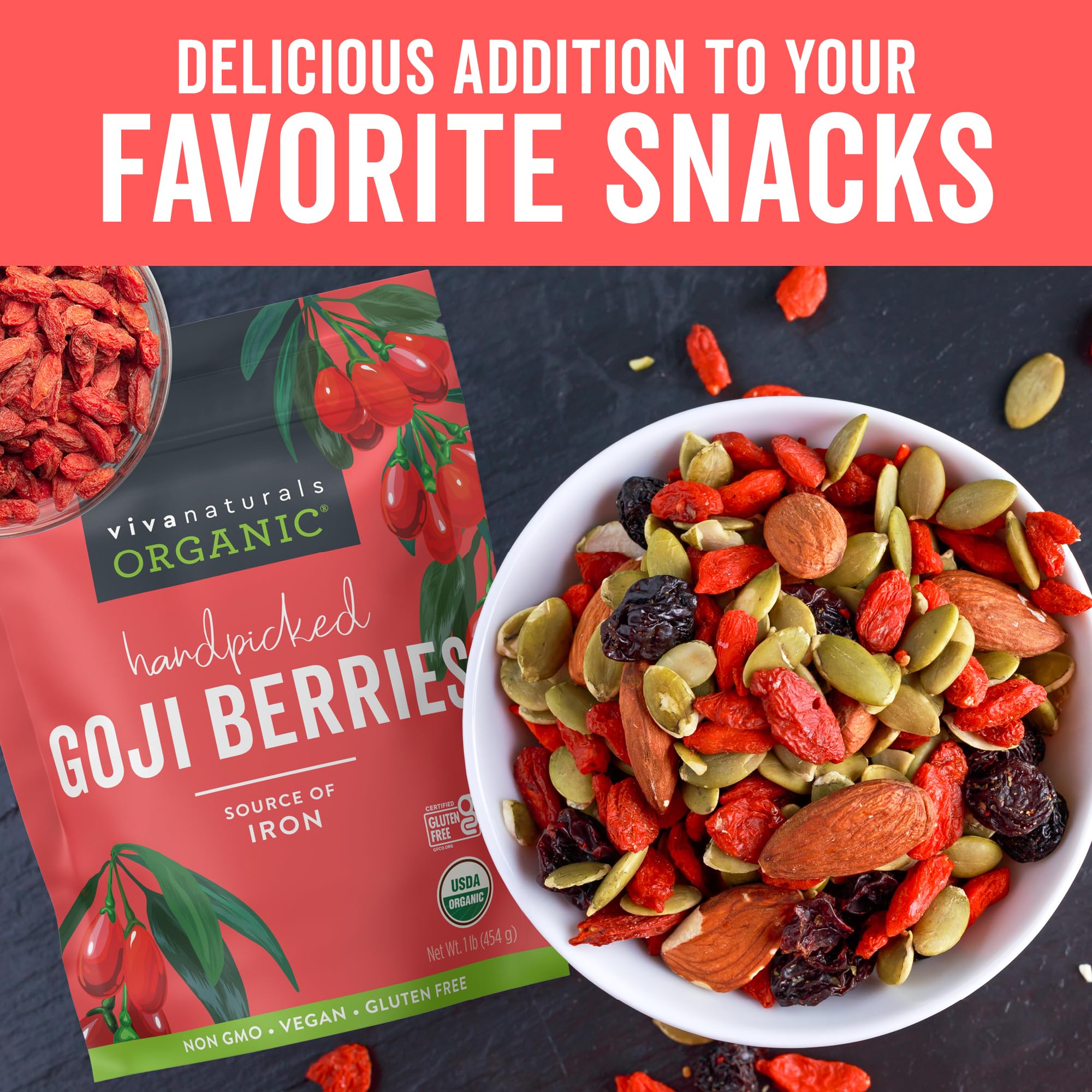 Viva Naturals goji berries with smoothie ingredients illustrating easy blending