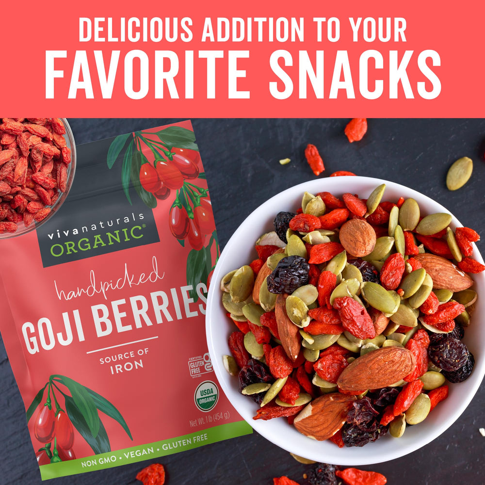 Viva Naturals goji berries with smoothie ingredients illustrating easy blending