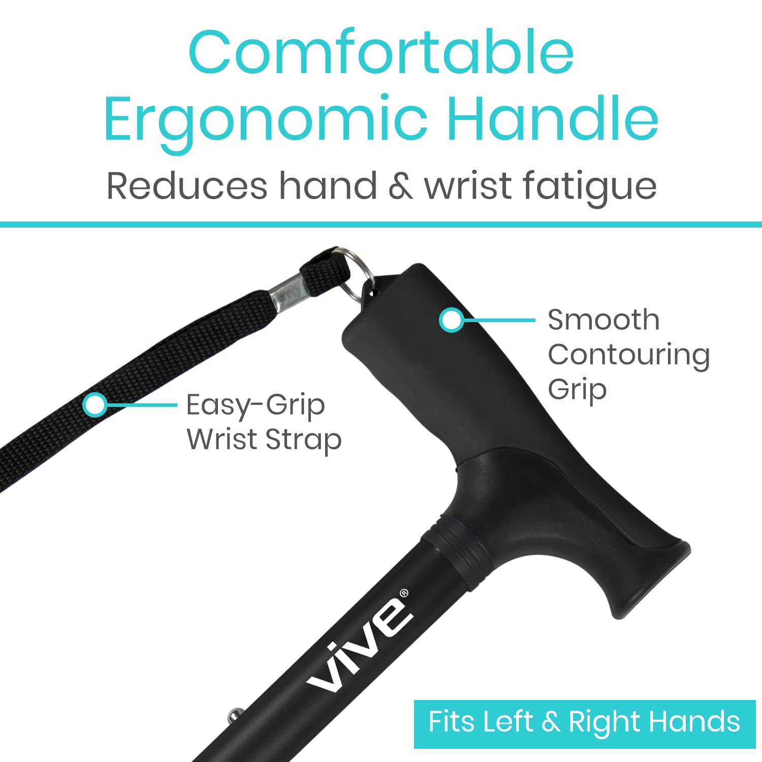 Vive folding cane ergonomic grip close-up shaped to reduce hand fatigue and improve comfort