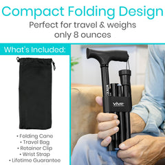 Vive folding cane compactly folded to fit easily into bags and luggage for travel convenience