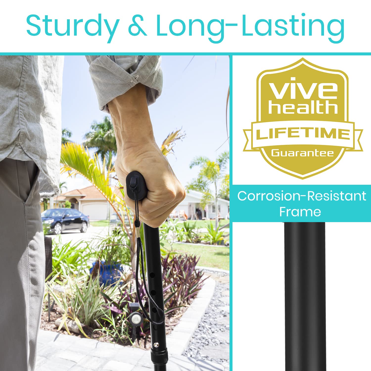 Vive folding cane height adjustment close-up showing telescoping pin for personalized fit