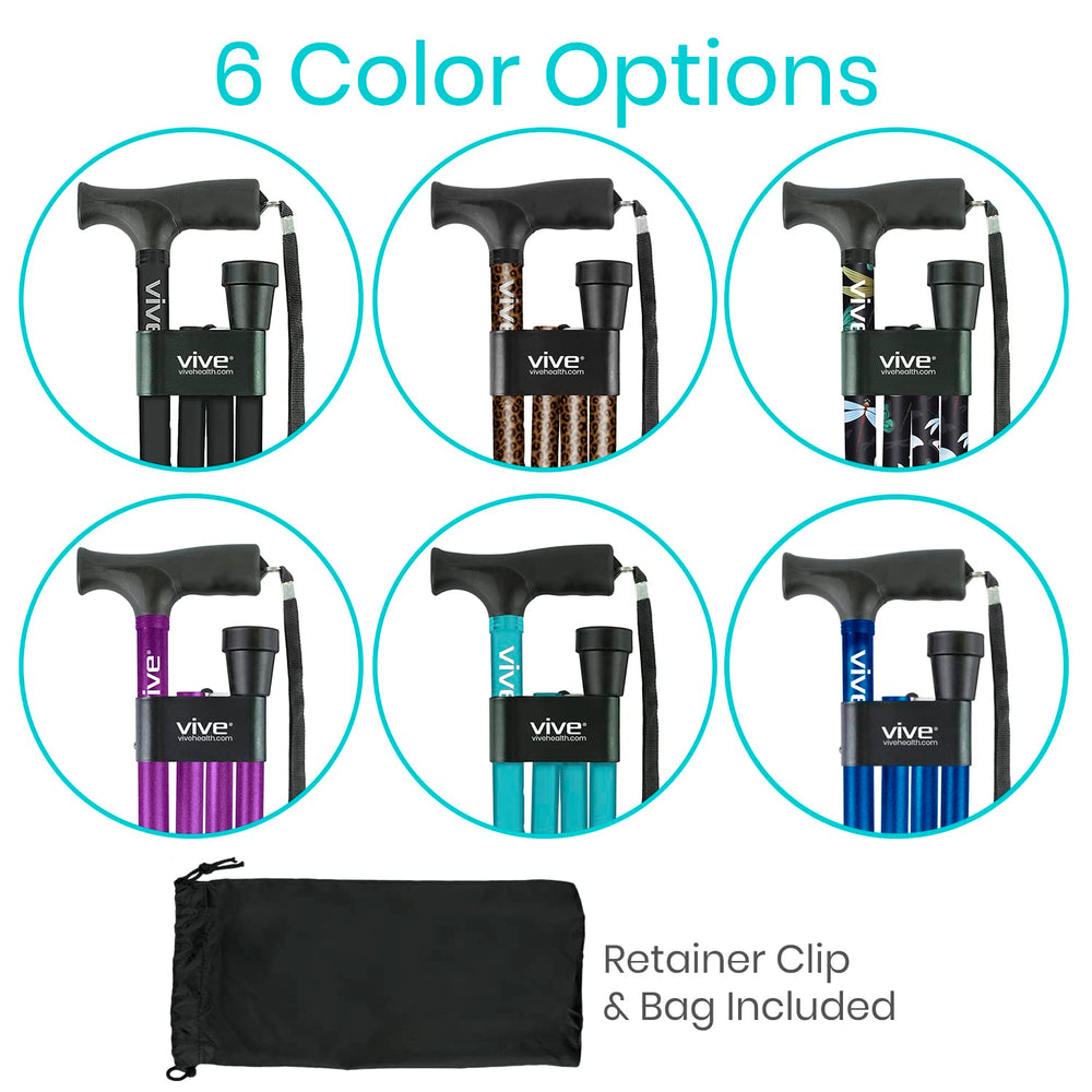 Vive folding cane packed inside a travel bag highlighting portability for trips and errands