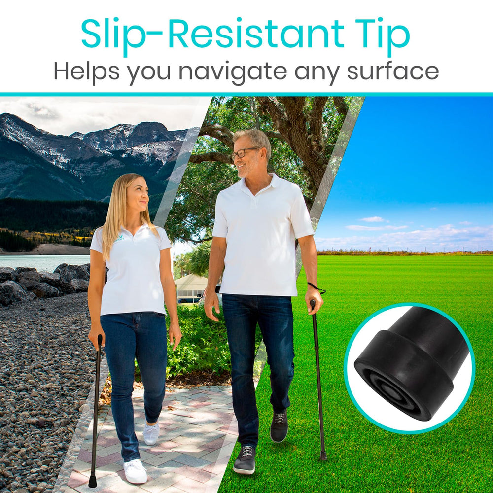 Vive folding cane rubber tip shown gripping floor to increase traction and reduce slipping