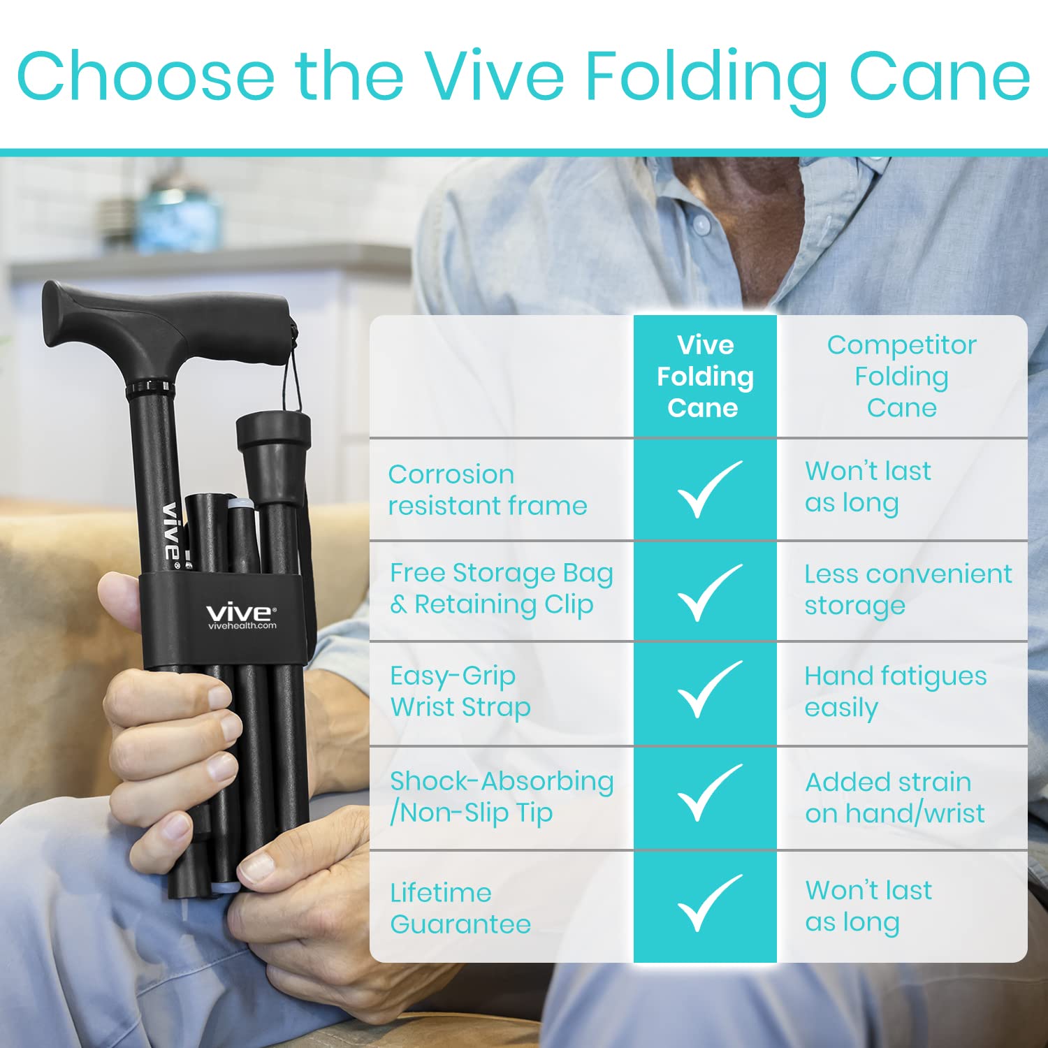 Vive folding cane in use by an adult demonstrating balance support while standing outdoors