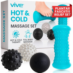 Vive front view of massage ball set showing all four pieces and packaging, promotes ready-to-use therapy