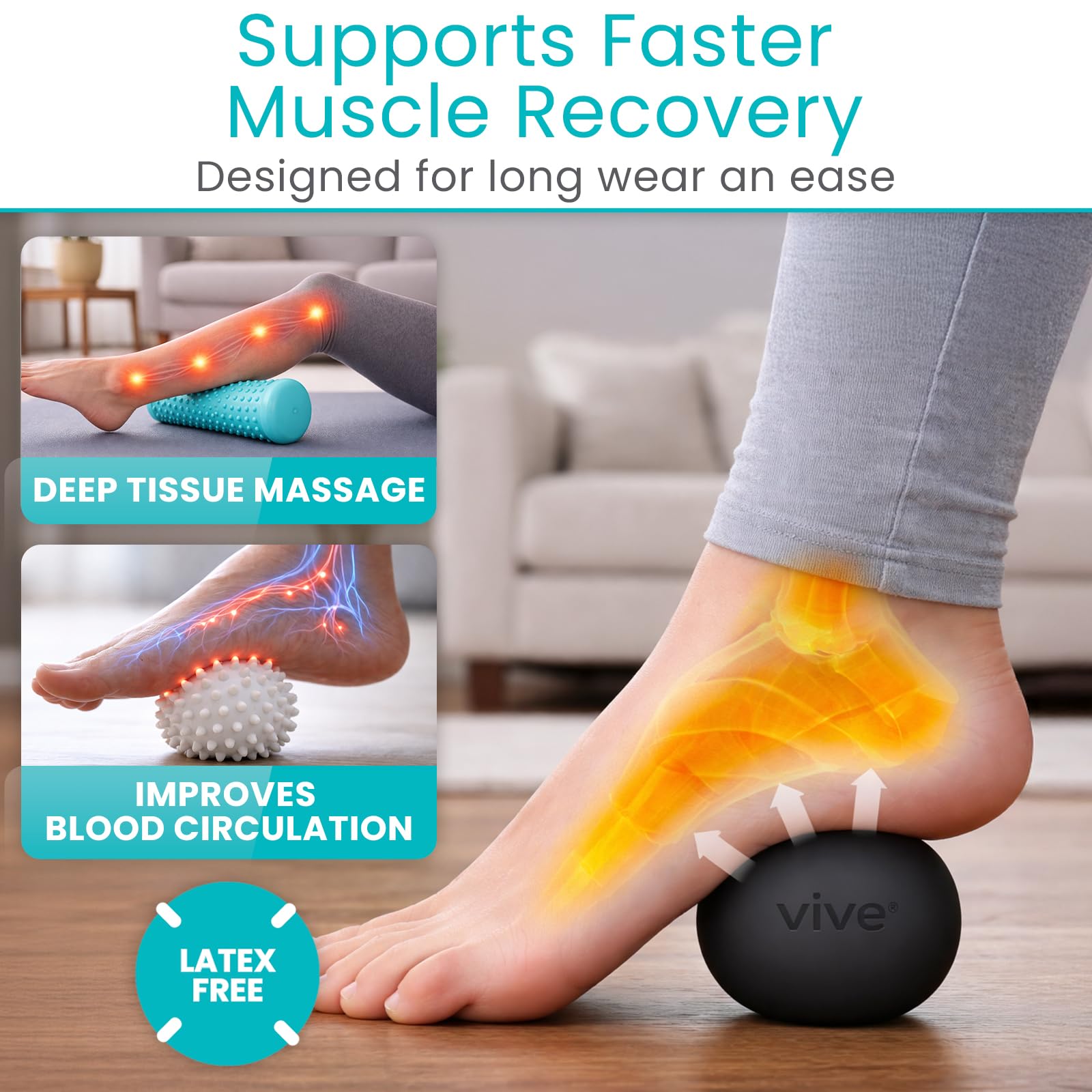 Vive foot roller being used under arch during self-massage, offers steady myofascial release