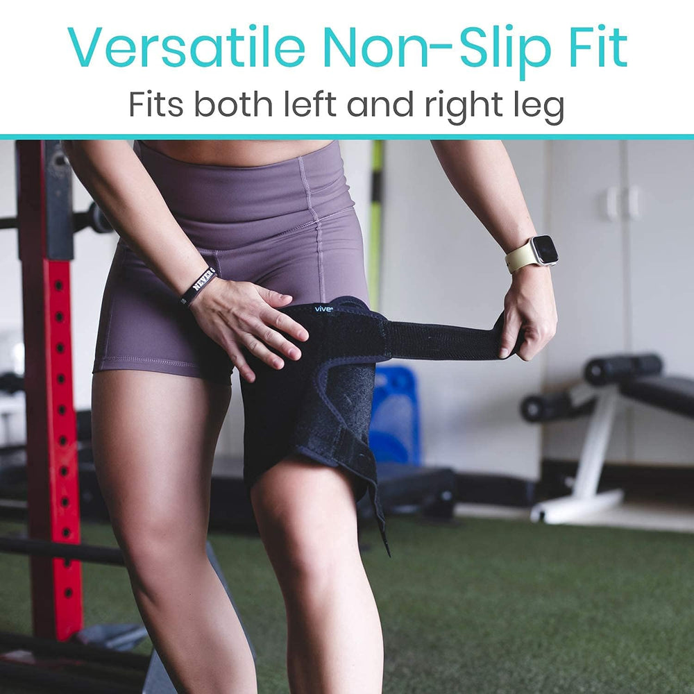 Vive thigh brace shown on left leg demonstrating reversible application benefit
