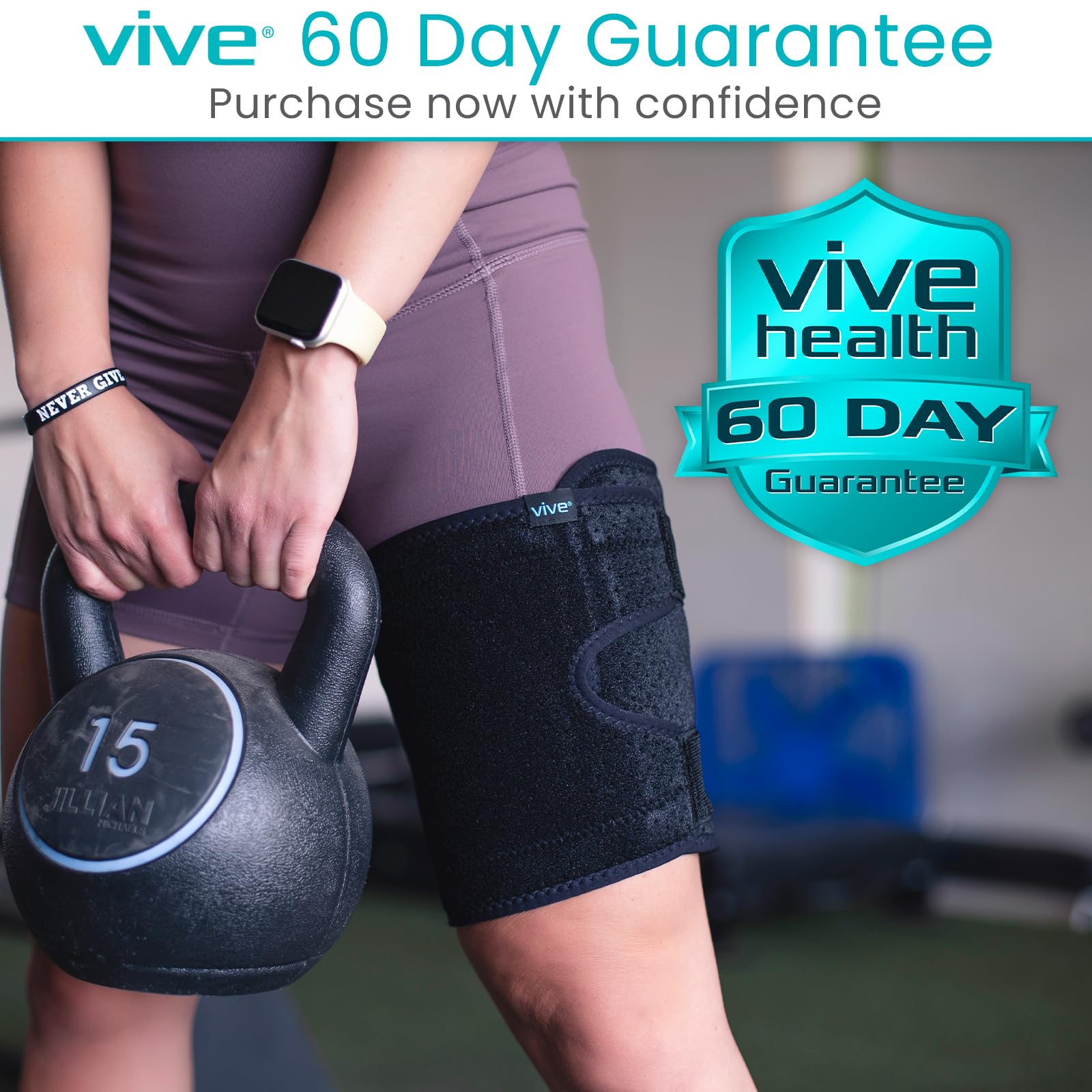 Vive thigh brace beside ruler for scale comparison to show coverage