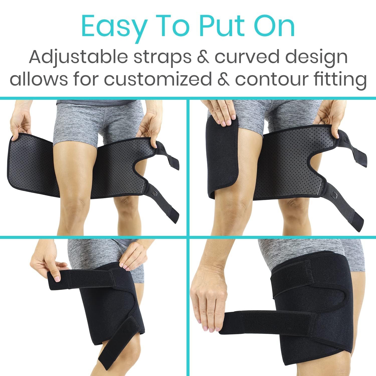 Vive thigh brace size adjustment being tightened for precise compression fit
