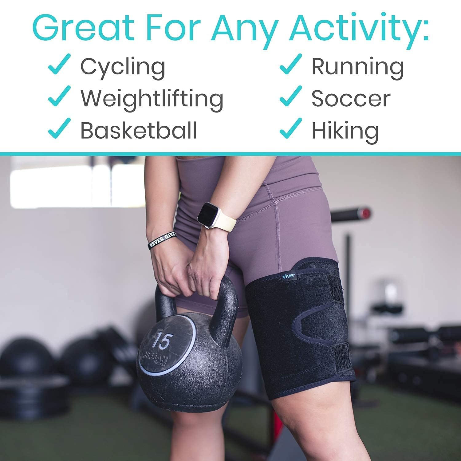 Vive thigh brace worn under clothing for discreet everyday wear benefit