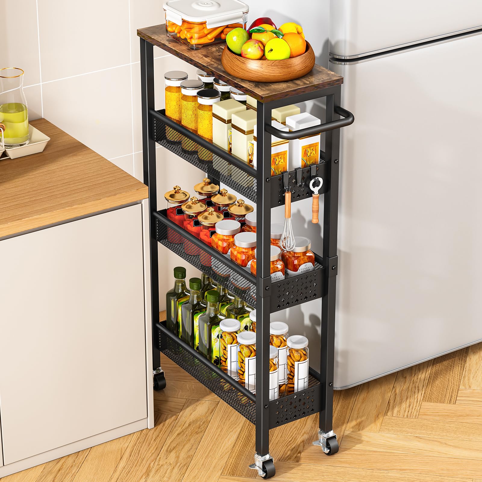 Vivihomety front view showing wood top and four slim shelves for stylish storage