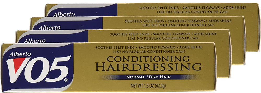 Alberto VO5 front packaging showing four travel-size bottles and benefits