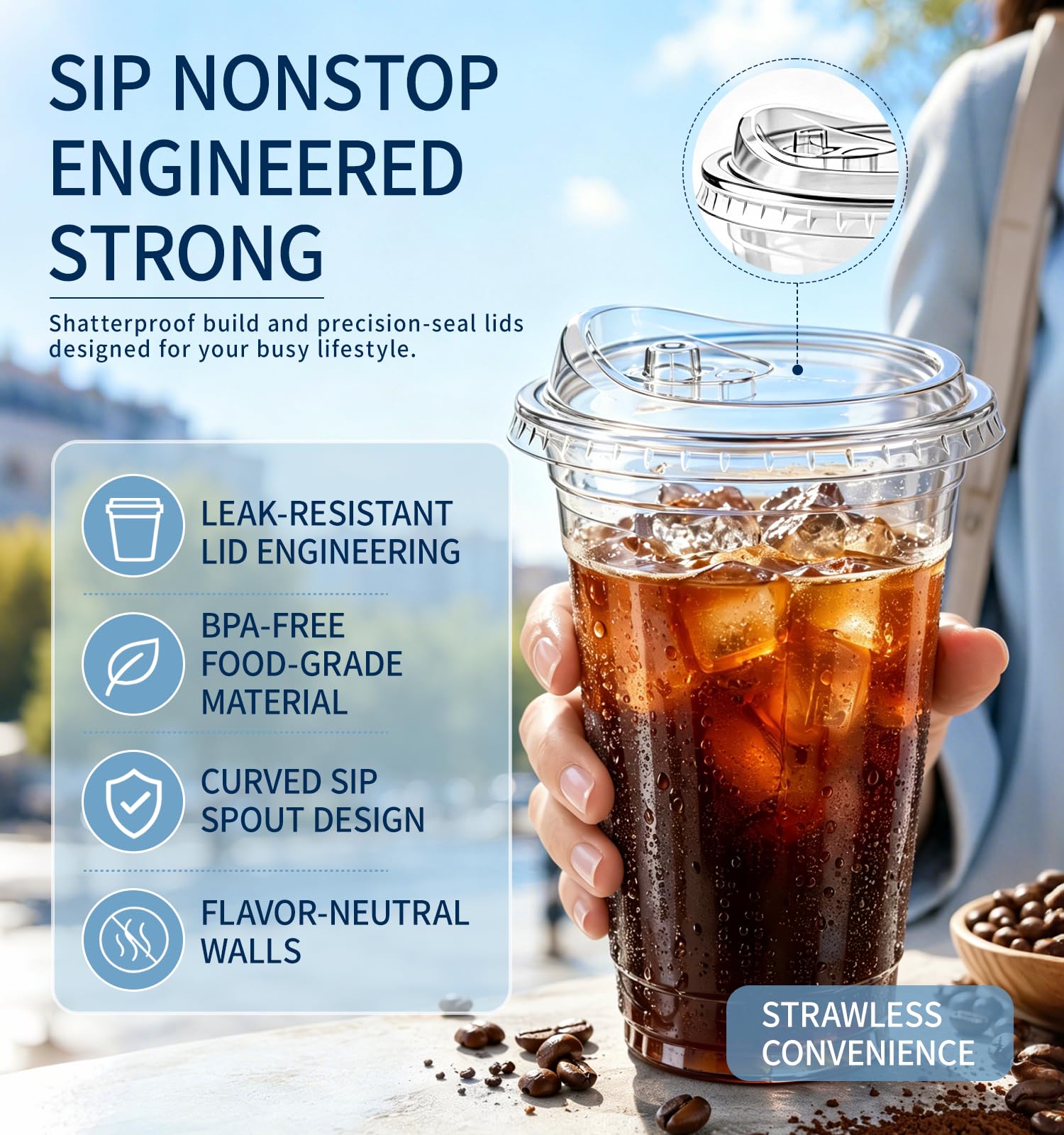 Voatree cup in hand with iced coffee illustrating spill resistance