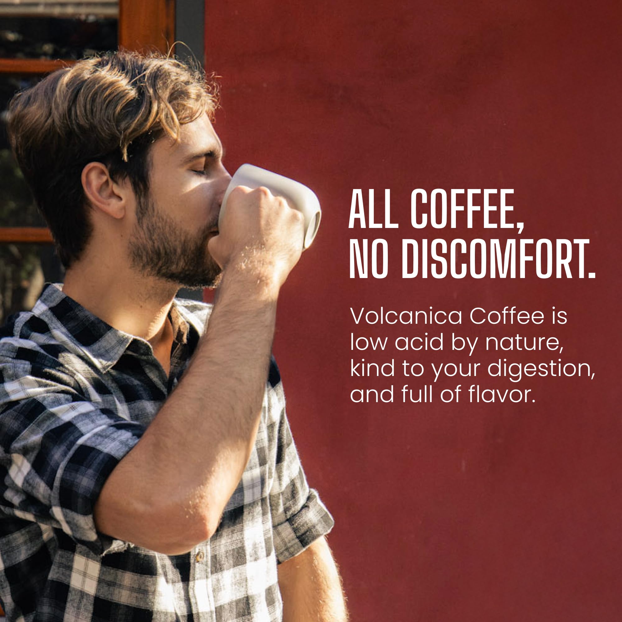 Volcanica Coffee close-up label highlighting blend details and gentle taste benefit