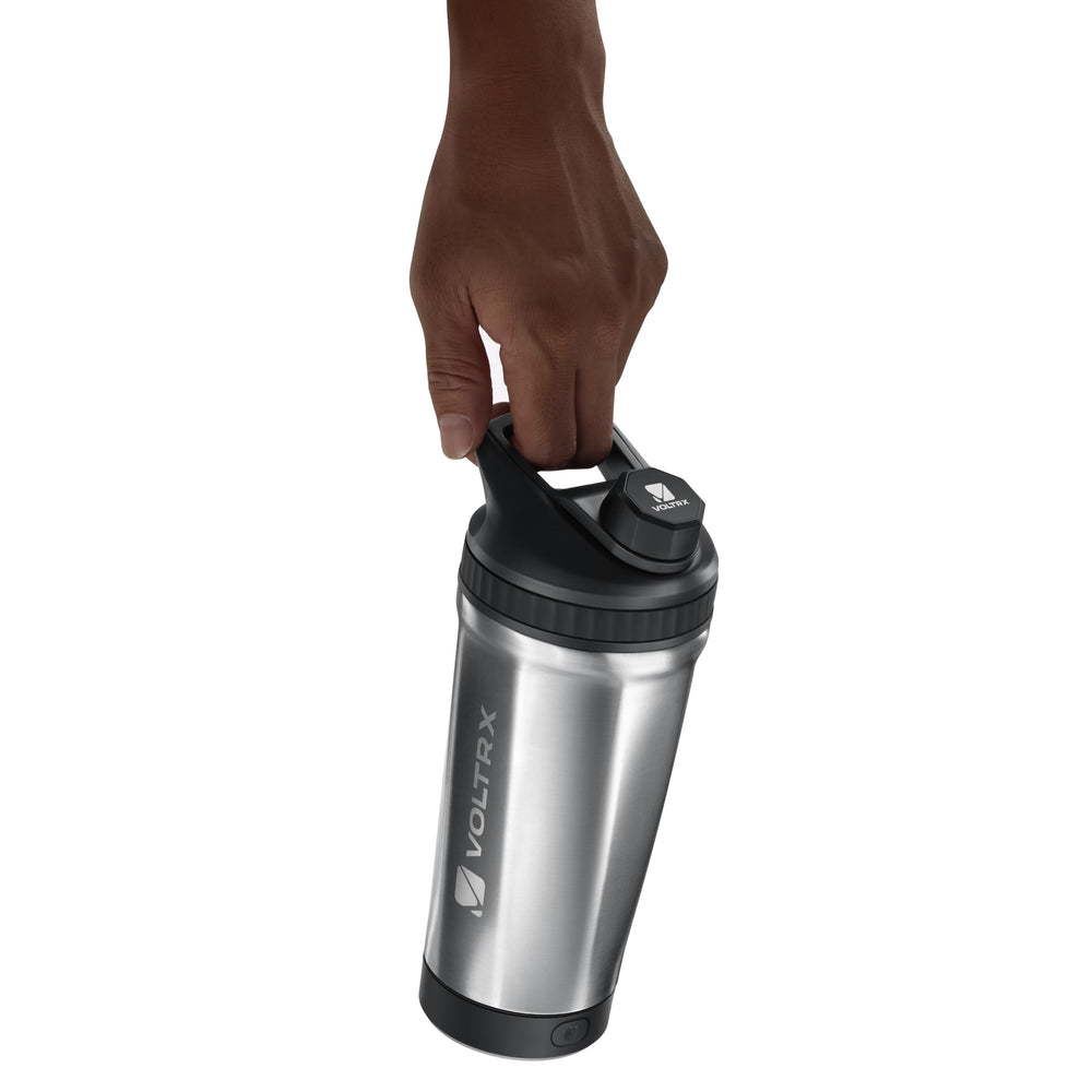 VOLTRX ChillMix next to water bottle for scale, 16 oz capacity and travel-ready size