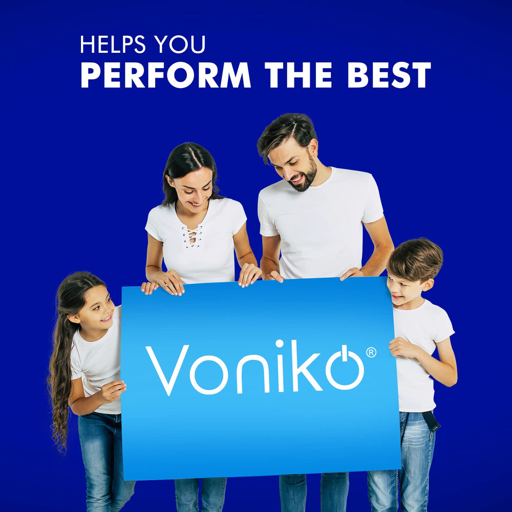 Voniko label close-up showing 1.5V alkaline specs and environmental benefit