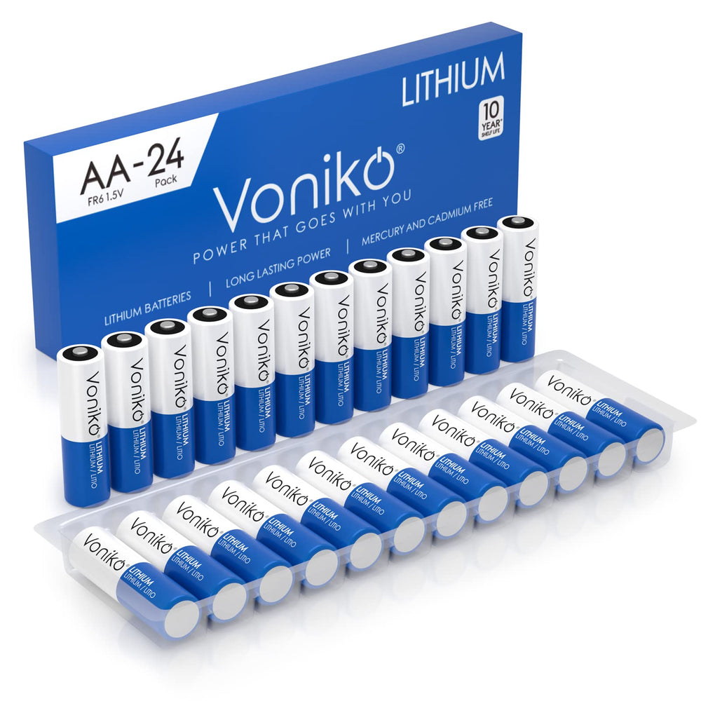Voniko front pack of 24 AA lithium batteries showing label and pack benefit