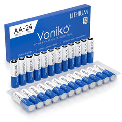 Voniko front pack of 24 AA lithium batteries showing label and pack benefit