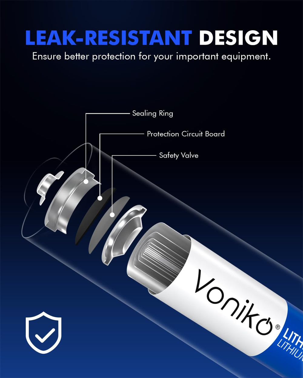 Voniko AA battery safety valve detail illustrating zero-leak protection benefit