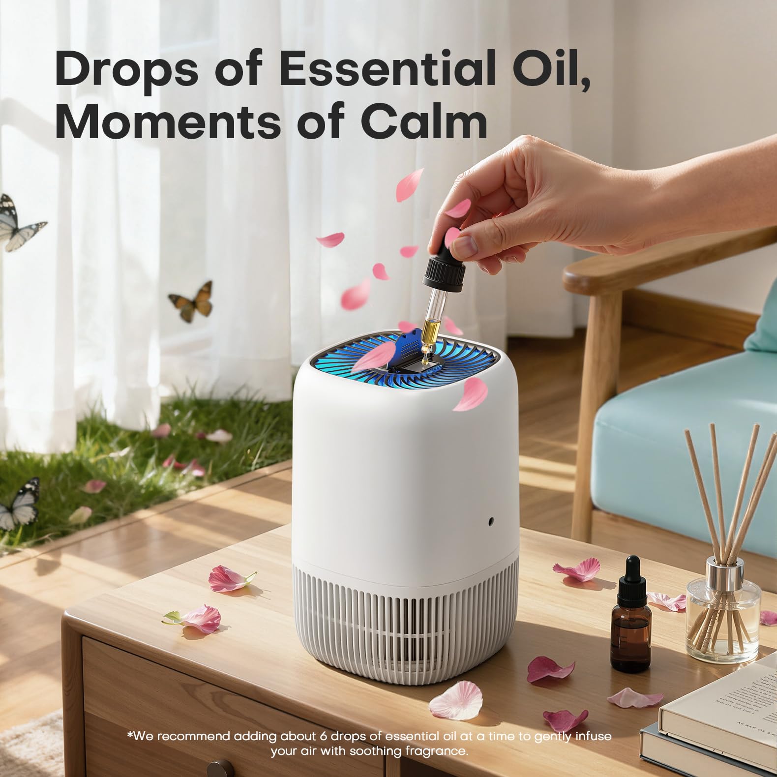 VOOPNU placed in a living room, quietly purifying shared household air