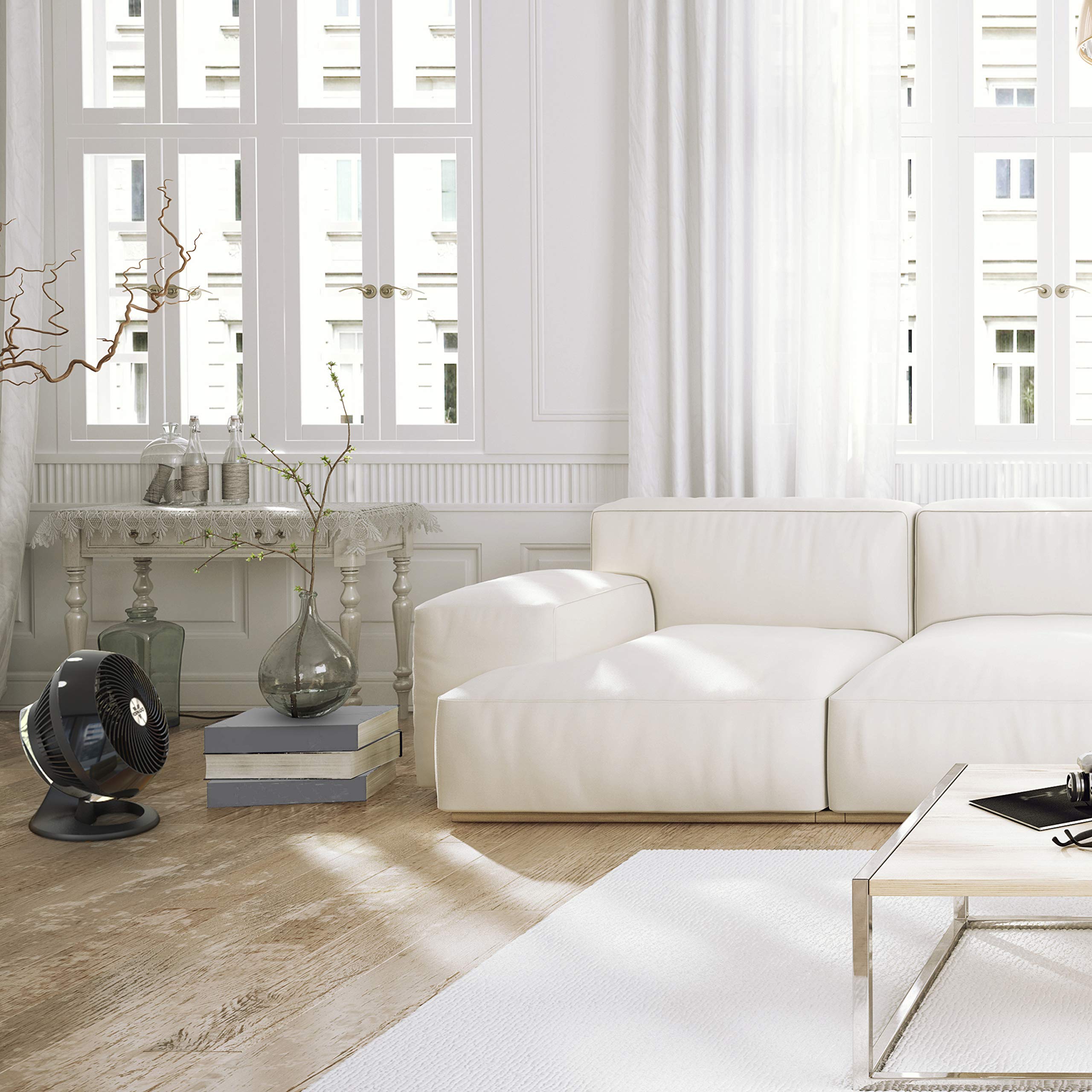 Vornado 660 side tilt detail highlighting chrome glide bar for precise airflow direction