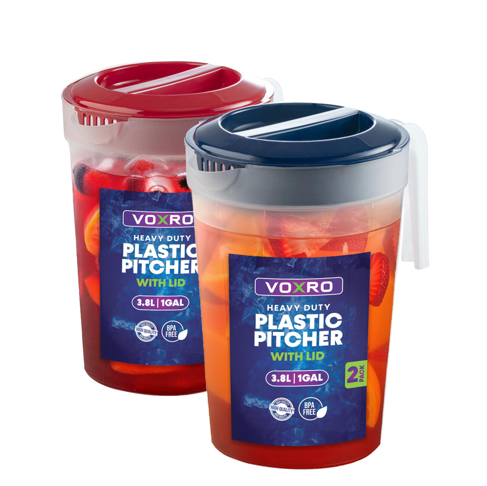 VOXRO two 1-gallon pitchers front view showing stackable design and capacity benefit