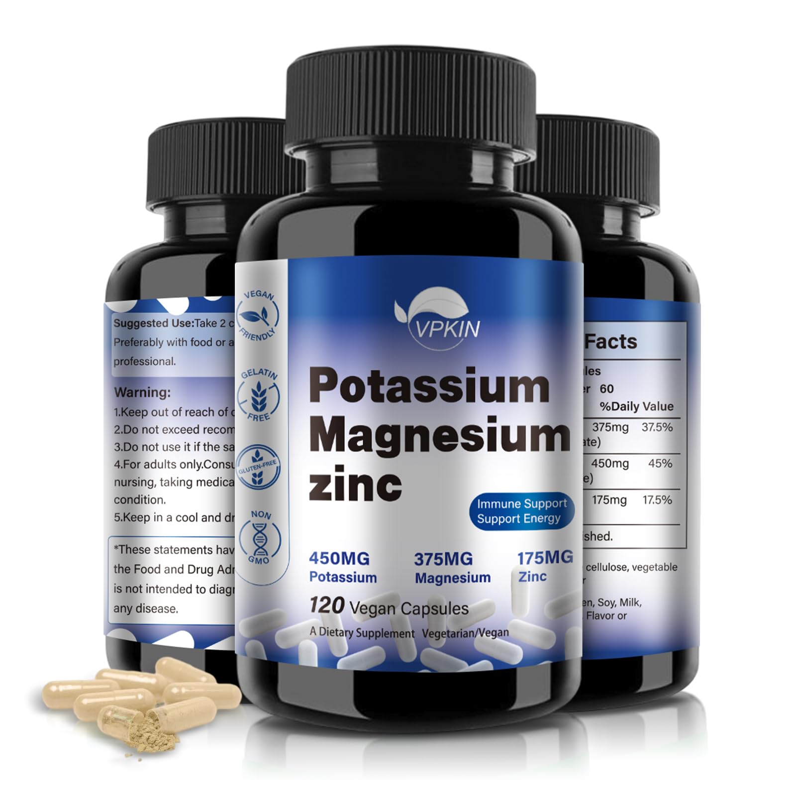 VPKIN bottle front view showing label and 120 capsules benefit daily minerals