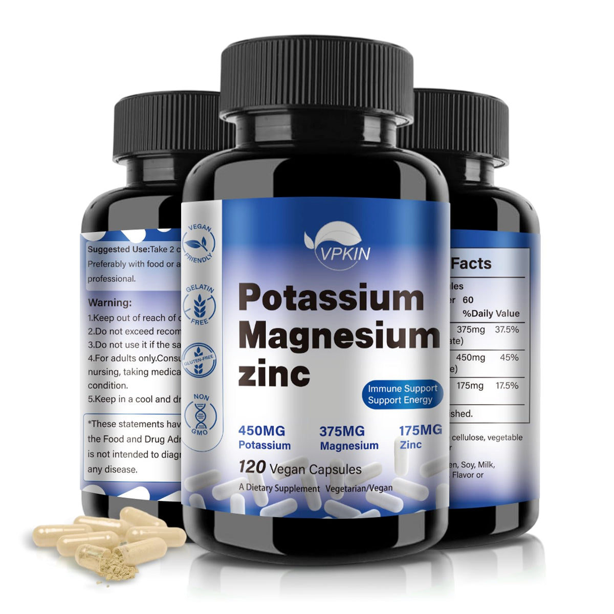 VPKIN bottle front view showing label and 120 capsules benefit daily minerals