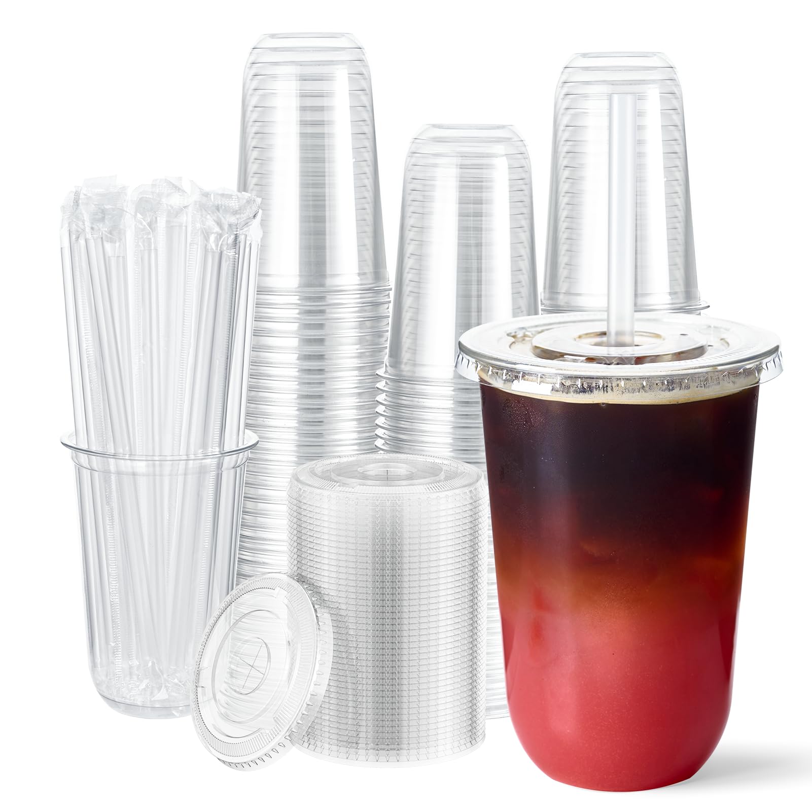 Vplus front view 16oz pack showing cups lids straws and quantity, clear presentation benefit