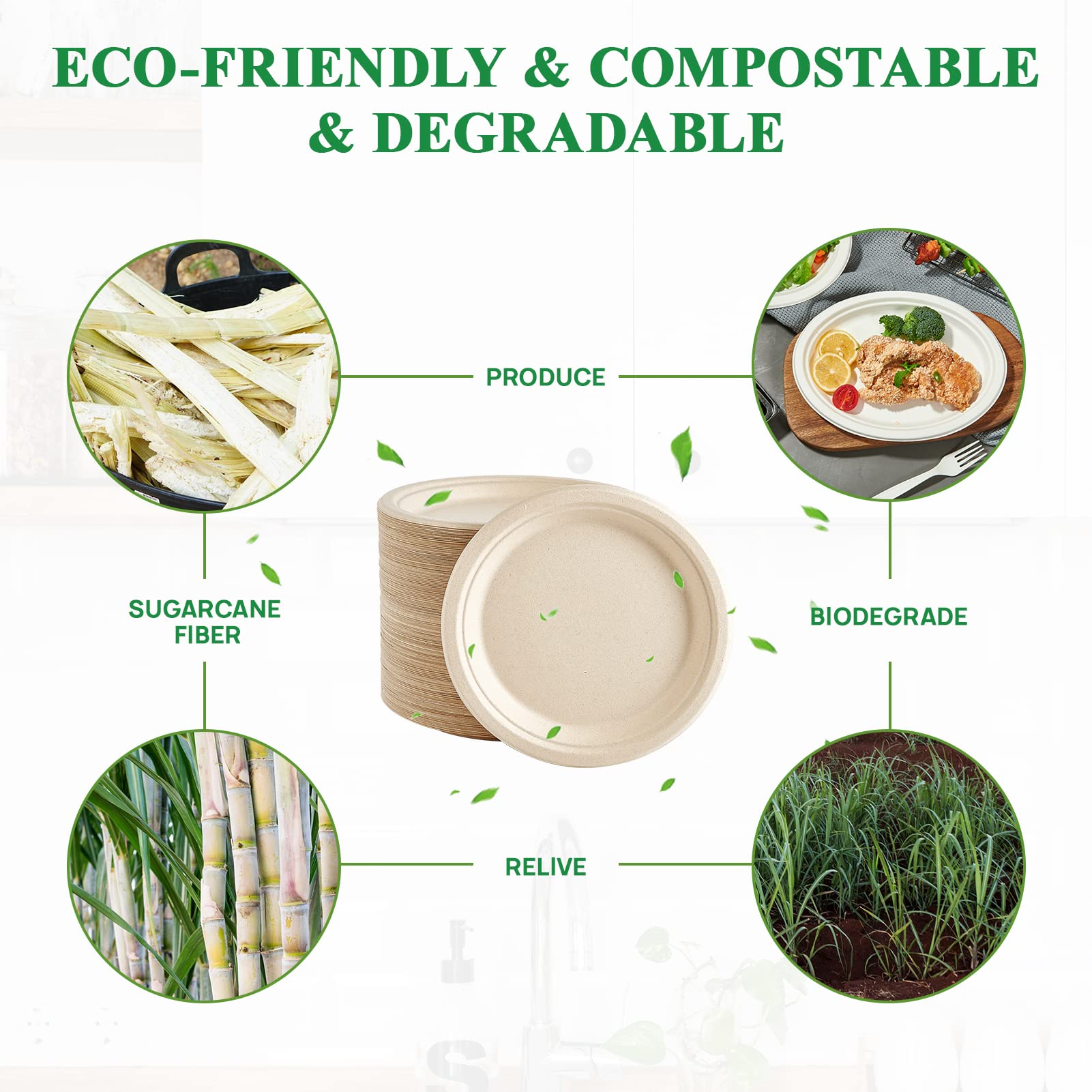 Vplus label detail illustrating bagasse material and compostable benefits