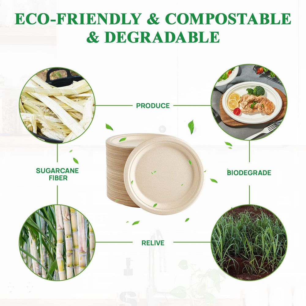 Vplus label detail illustrating bagasse material and compostable benefits