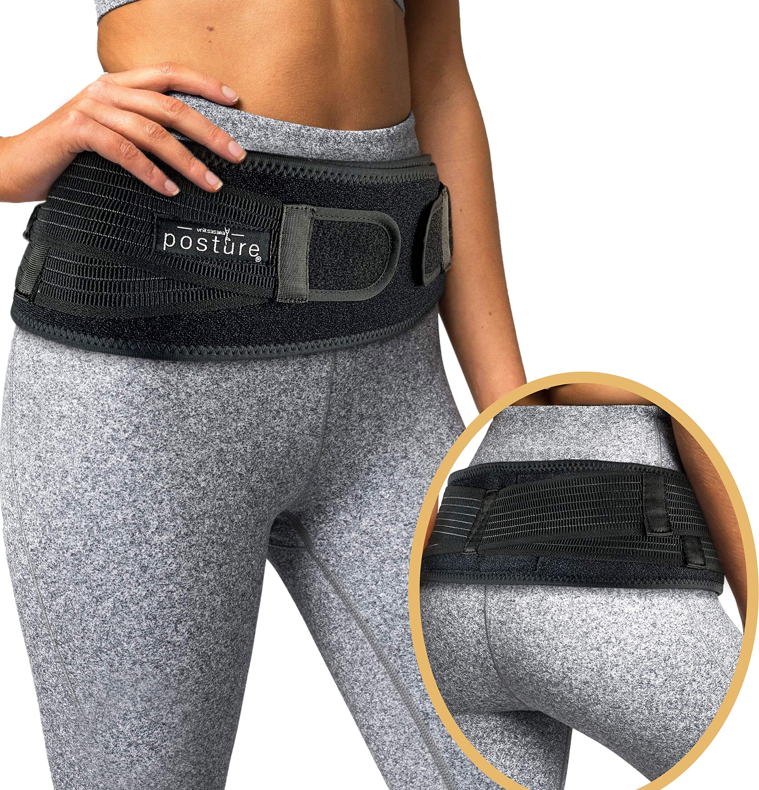 Vriksasana Posture front view of black sacroiliac hip belt showing full coverage support