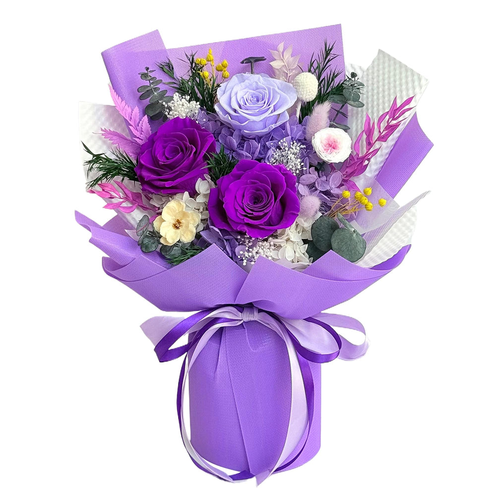 Vrioca bouquet front view showing vibrant preserved roses and gift-ready presentation
