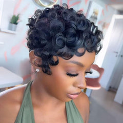 VRZ pixie side profile highlighting short layers and curl definition for flattering silhouette