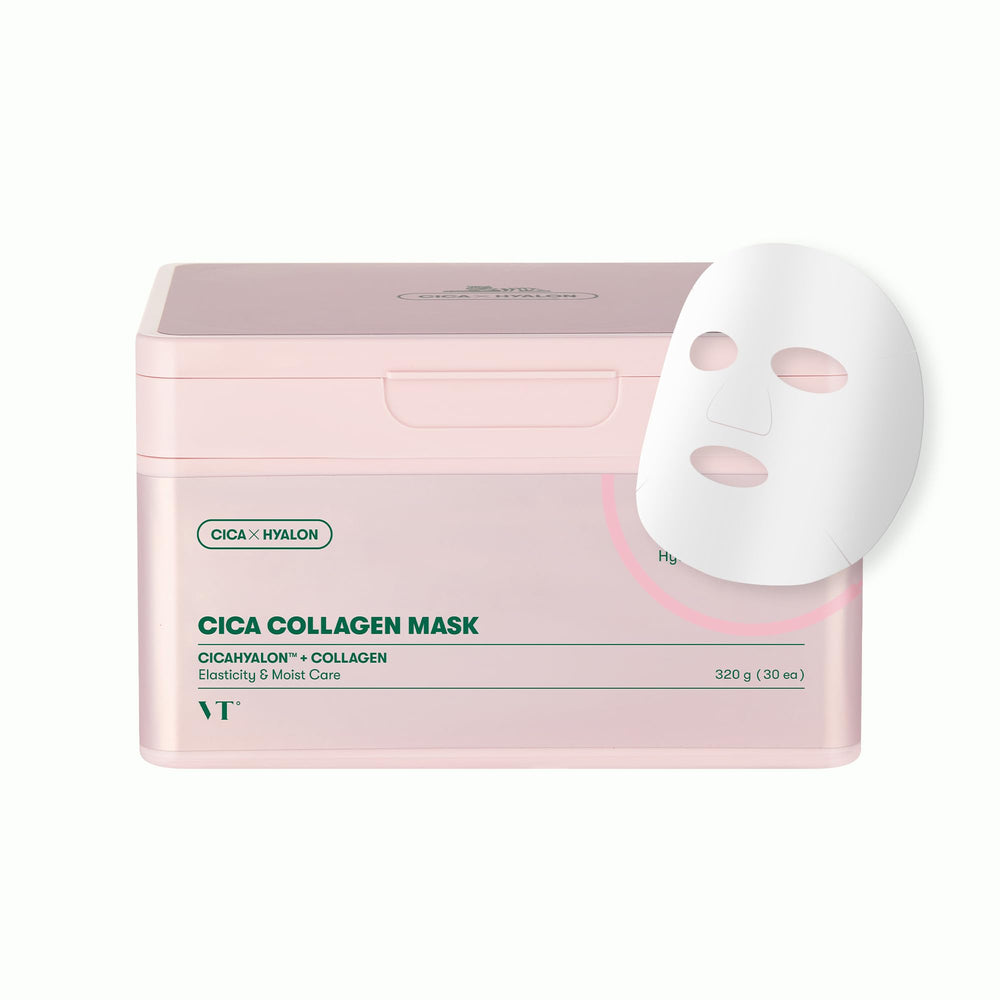 VT COSMETICS tub front showing 30 sheet masks and easy storage benefit