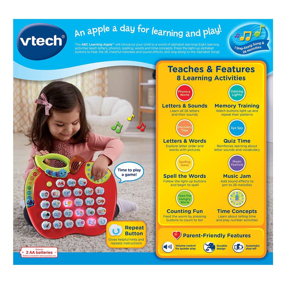 VTech ABC Learning Apple retail packaging showing included demo batteries and product branding