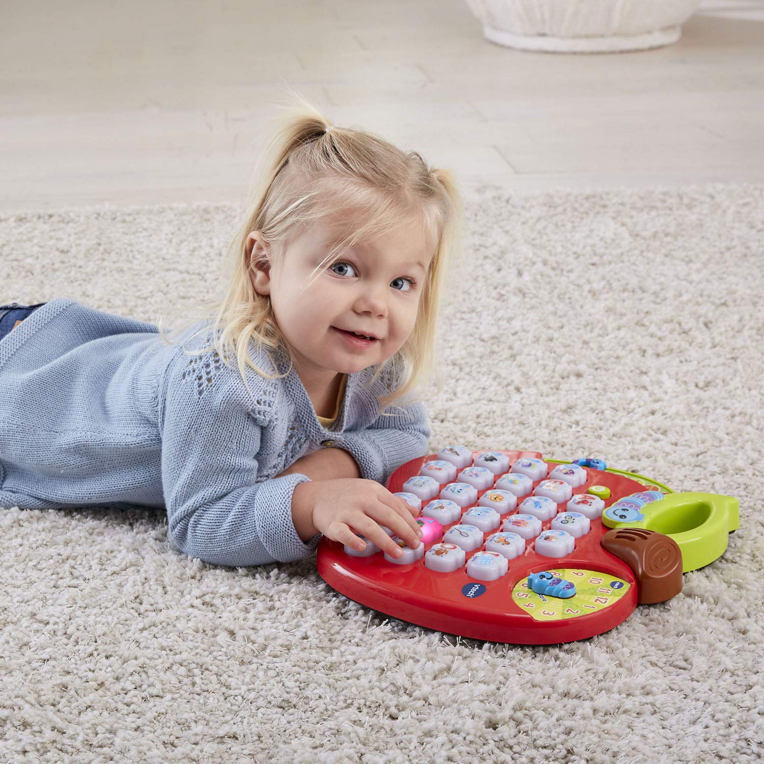 VTech ABC Learning Apple worm clock hand detail encouraging counting and simple time play