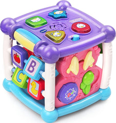 VTech Busy Learners Activity Cube front view showing lights and buttons, encourages curiosity