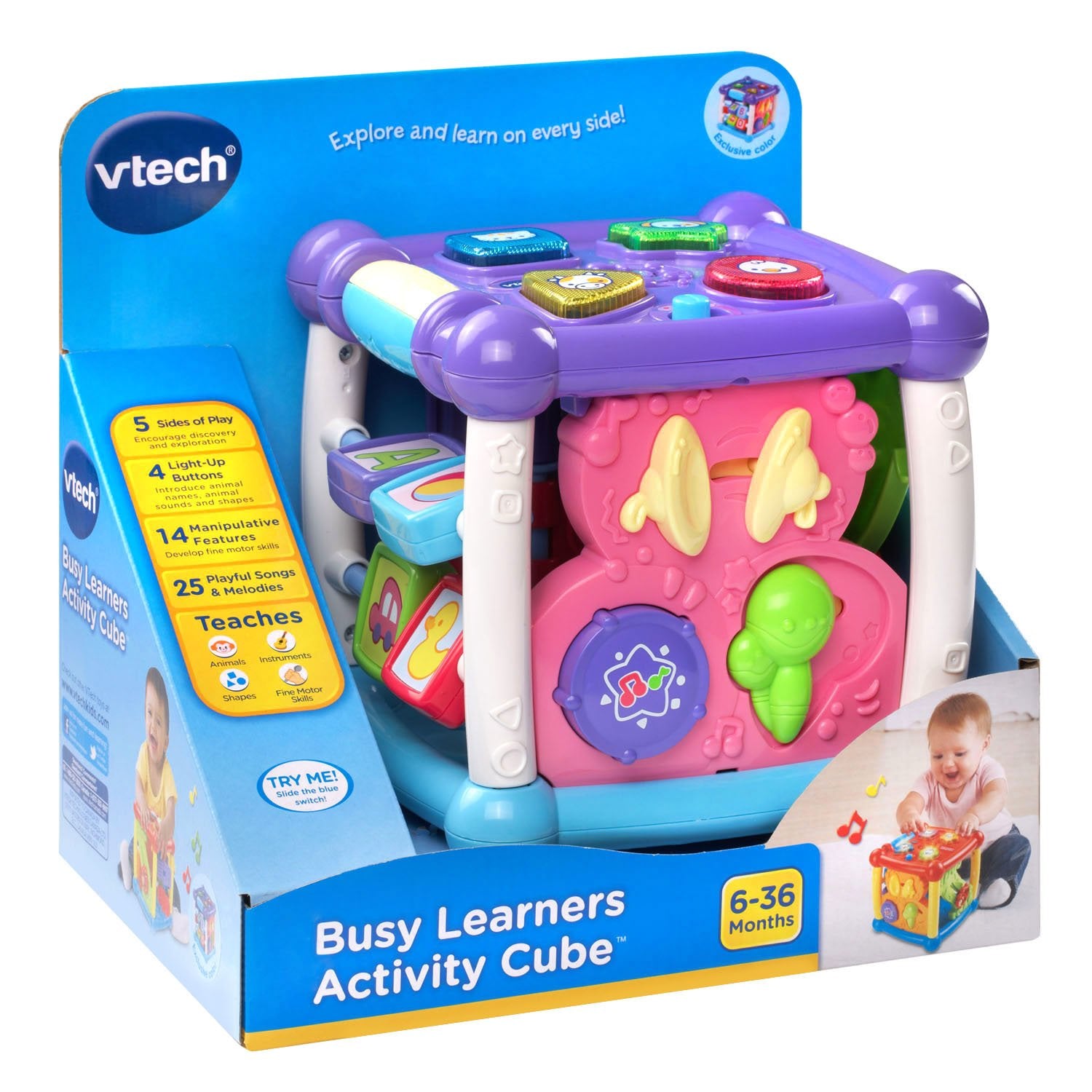 VTech Busy Learners Activity Cube on floor with toddler playing, promotes active exploration