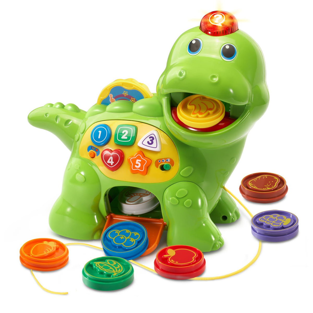 VTech Dino front view showing bright colors and interactive mouth for playful learning