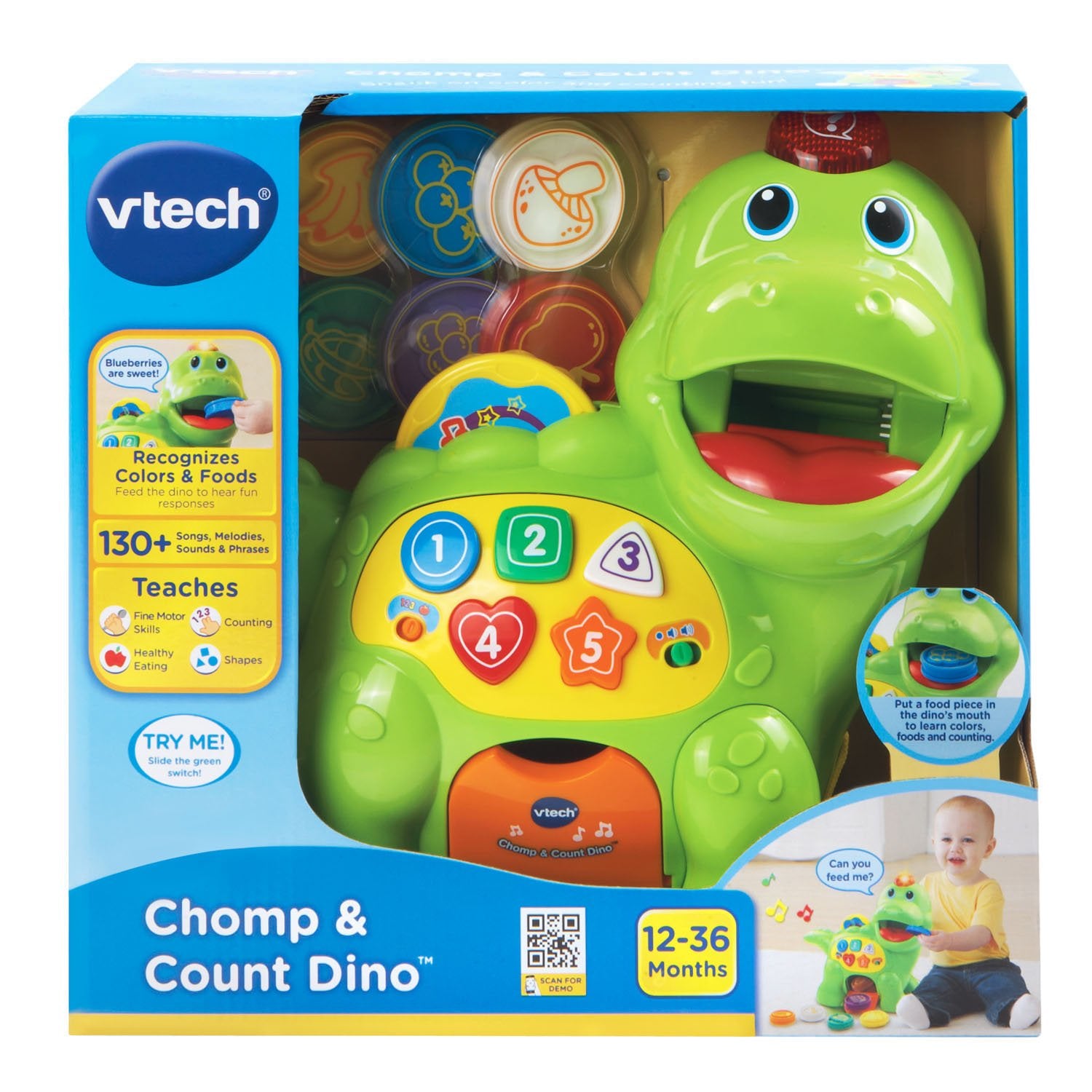 VTech product packaging with demo batteries included for quick setup and play